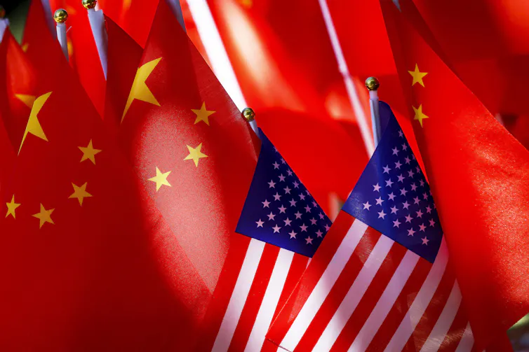 Chinese and American flags.
