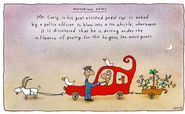 Mr Curly's car pulled by a goat, he is breathalysed.