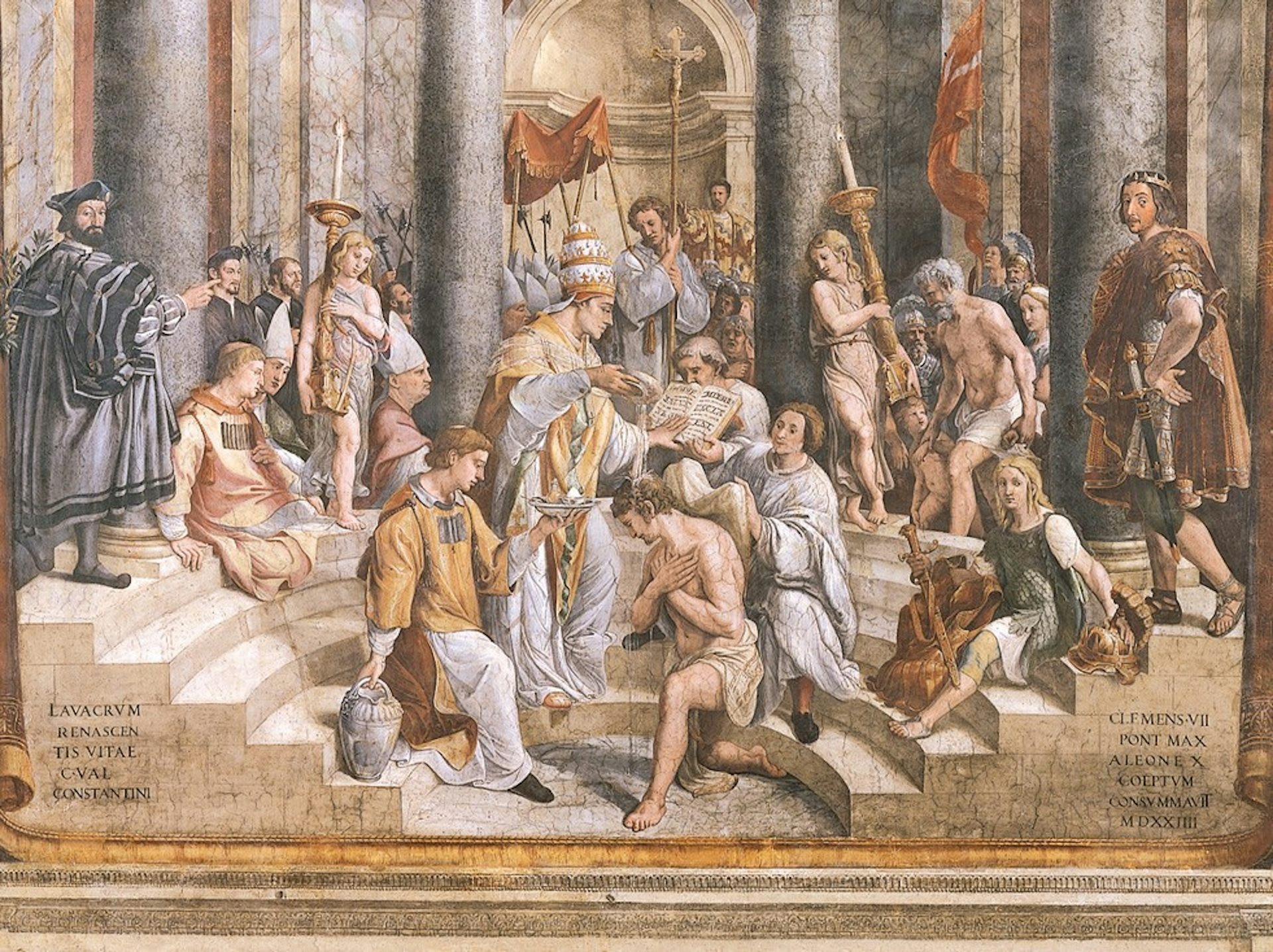 A slightly cracked painting of a man in clerical robes pouring water over a kneeling, half-naked man on the floor as others gather around.