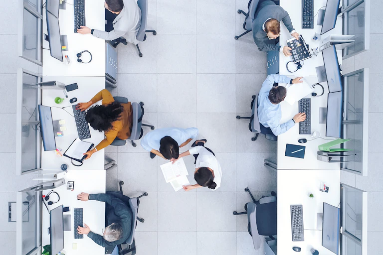 aerial view of people working in an office