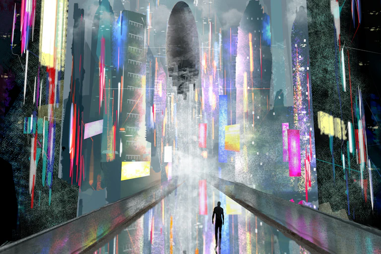 une silhouette se déplacant dan sun univers futuriste