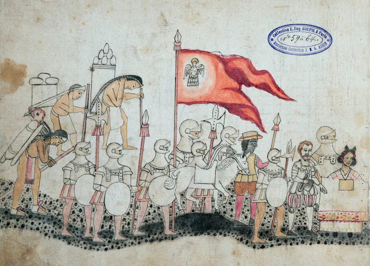 Dibujo de un ejército con indígenas cargando paquetes al final.