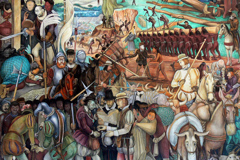 Mural de Diego Rivera que retrata la explotación de México por los conquistadores españoles.