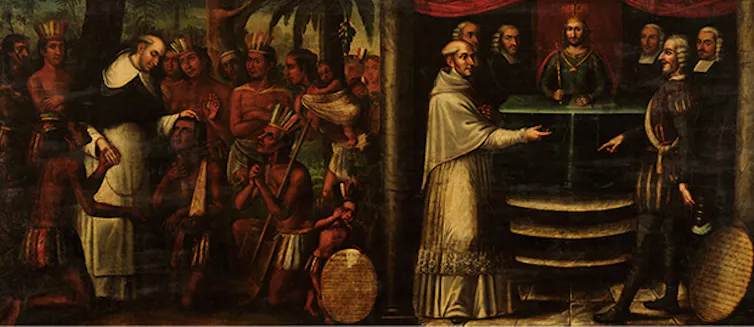 Dos retratos de fray Bartolomé de las Casas, a la izquierda con los indígenas en América y a la derecha formando parte de la 'Controversia de Valladolid'.