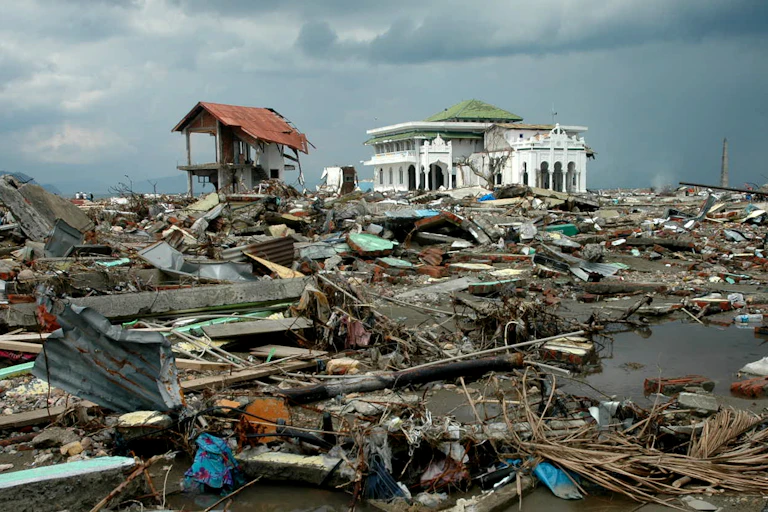Mosque surrounded by destroyed buildings