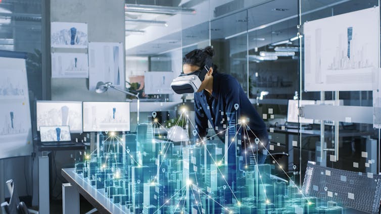 Woman wearing a VR headset.