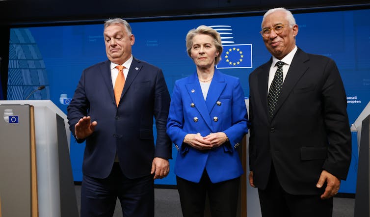 Viktor Orban, Ursula von der Leyen e Antonio Costa