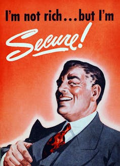 A vintage illustration of a confident-looking businessman saying taken from an insurance advertisement circa 1942.