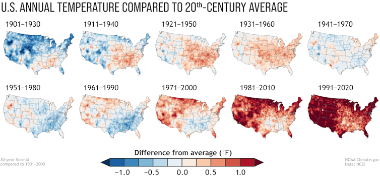 Ten maps show conditions warming, particularly since the 1980s.