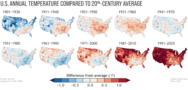 Ten maps show conditions warming, particularly since the 1980s.