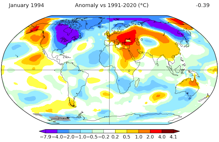 A map shows a large cold blob over the eastern and central U.S. and Canada.