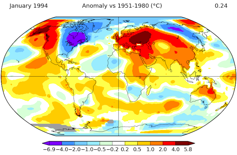 A map shows a cold blob over the eastern and central U.S. and Canada and much-warmer-than-normal spots over Europe and the U.S. West Coast.