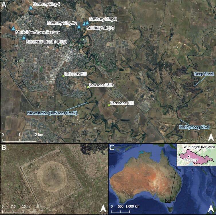 Composite map showing Australia and the location of the excavation site in the state of Victoria.