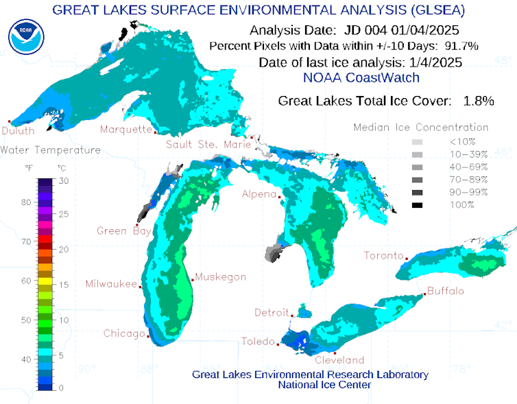 Maps show warm water in much of the lakes, particularly on their eastern sides on Jan. 3, 2025.
