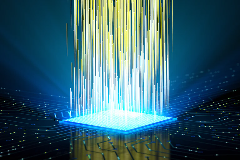 A bright blue square with beams of light shooting up vertically, artist concept.