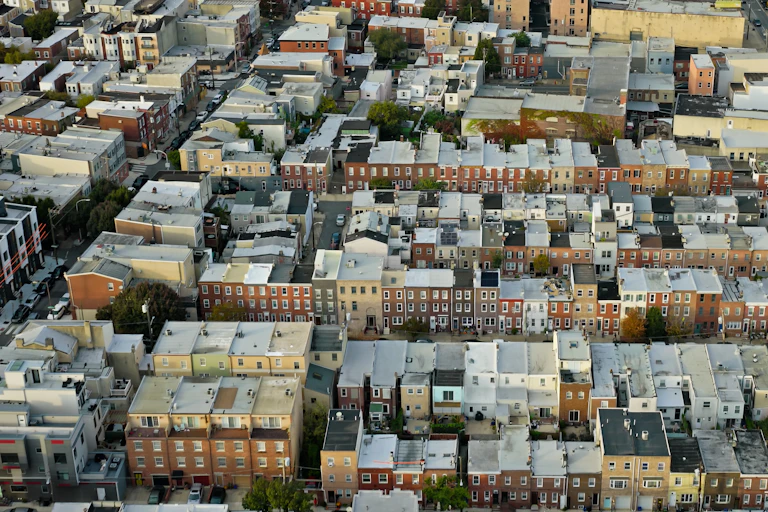 Aerial view of Philadelphia residential neighborhood with row homes