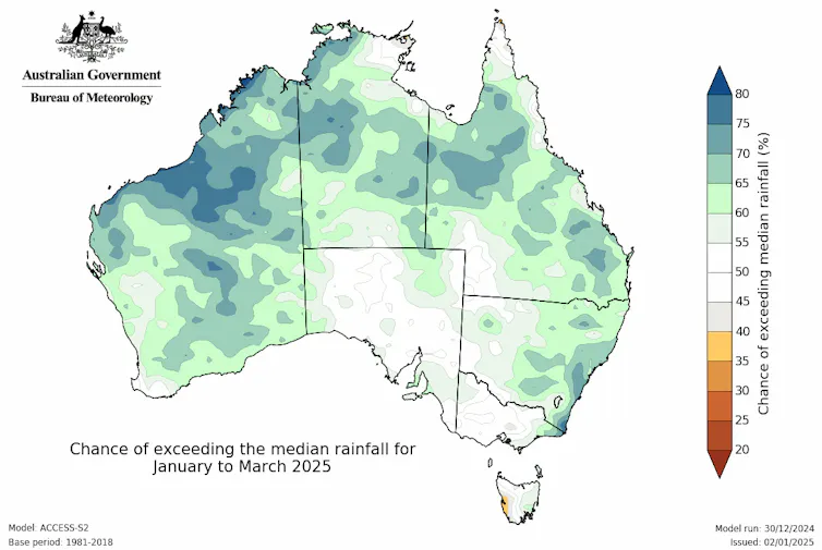 Map showing the chance of exceeding the median rainfall for January to March 2025, illustrating wetter than average conditions.