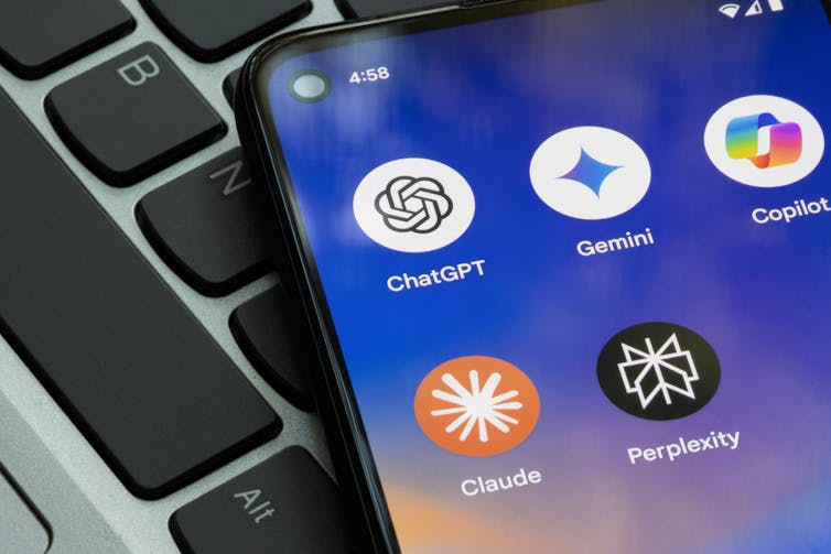 ChatGPT, Gemini, Microsoft Copilot, Claude, and Perplexity app icons are seen on a smartphone