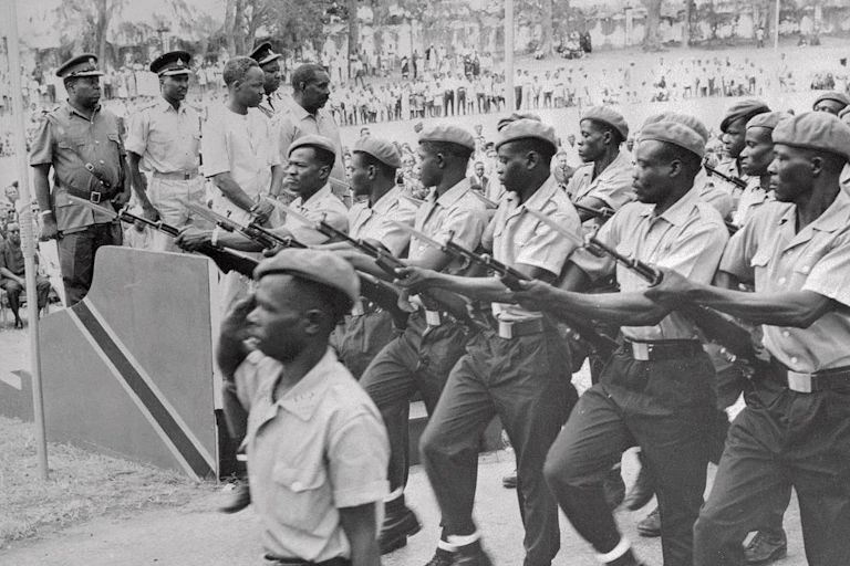A ceremonial parade of armed soldiers