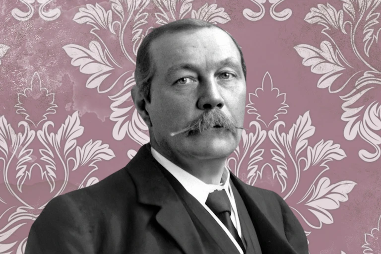 Conan Doyle in front of some Victorian wallpaper