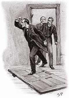 Three men bursting into a room, the door on the floor under their feet.