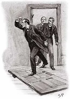 Three men bursting into a room, the door on the floor under their feet.