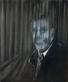 Painting of a human head with upward strokes, the teeth are visible through the blue flesh of the cheek.
