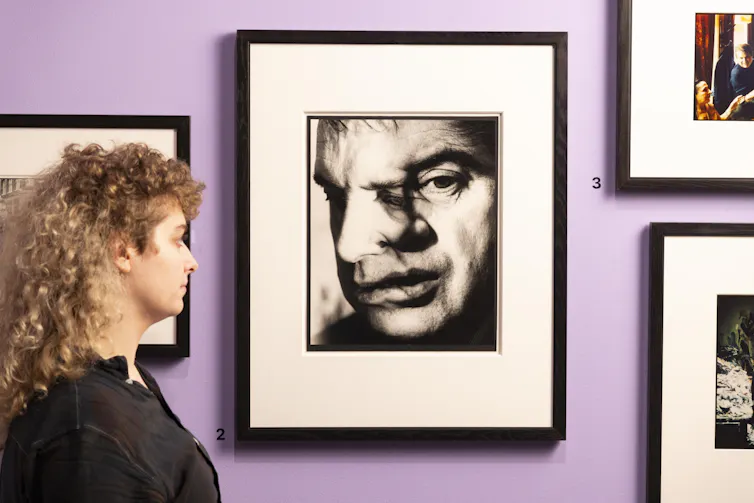 A photo of Francis Bacon in black and white made up of several exposures