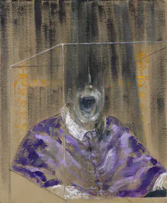 Painting of a pope screaming as their spirit seems to rise upwards through their body, suggested by upward brush strokes.