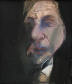 A smudged self portrait of Bacon looking to the left on a black backdrop