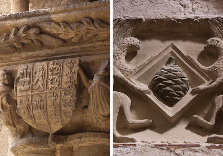 A la izquierda, escudo de Catalina de Lancaster situado en la cara sur del capitel 58 de la galería este del claustro del antiguo convento de Santa María la Real de Nieva. A la derecha, divisa de la reina Catalina de Lancaster. Capilla mayor de la iglesia