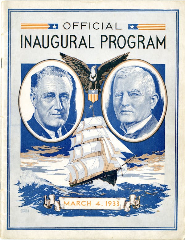 A booklet with images of an eagle, a three-masted schooner and two men, with 'OFFICIAL INAUGURAL PROGRAM' printed on the tope.
