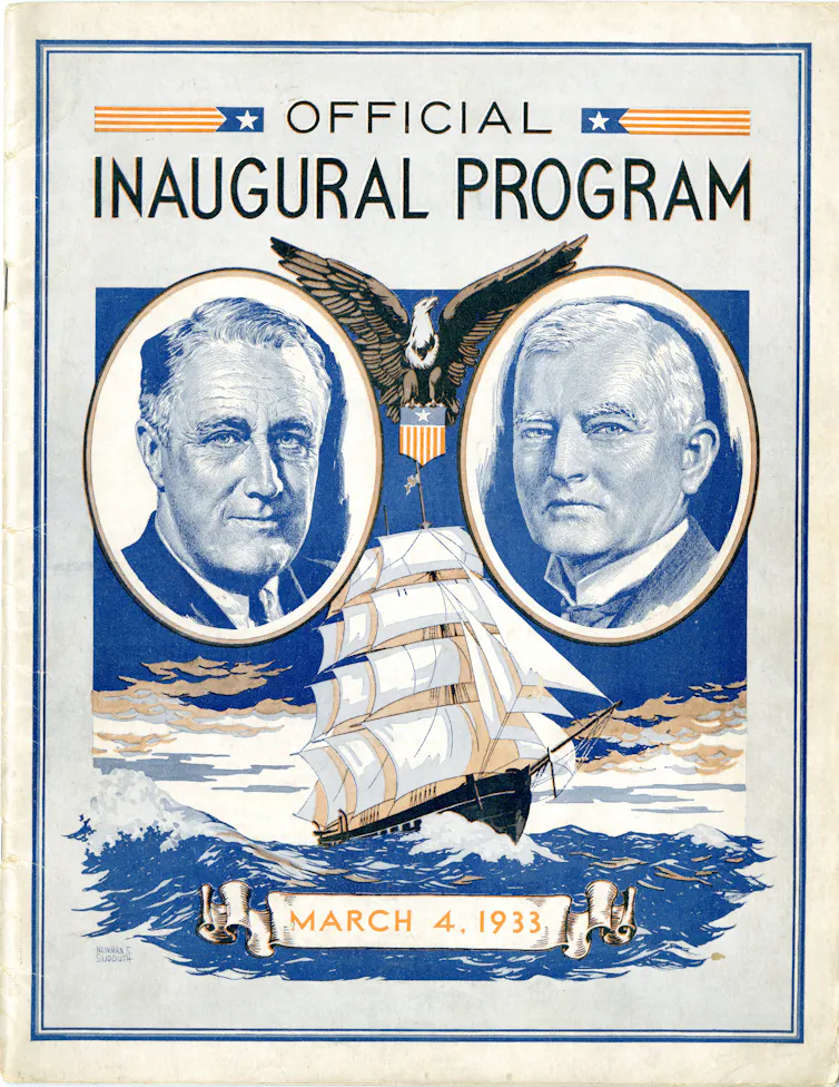 A booklet with images of an eagle, a three-masted schooner and two men, with 'OFFICIAL INAUGURAL PROGRAM' printed on the tope.