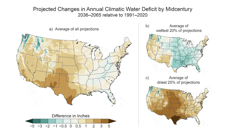 Maps showing projected water deficits due to climate change by the mid-20th century across the U.S.
