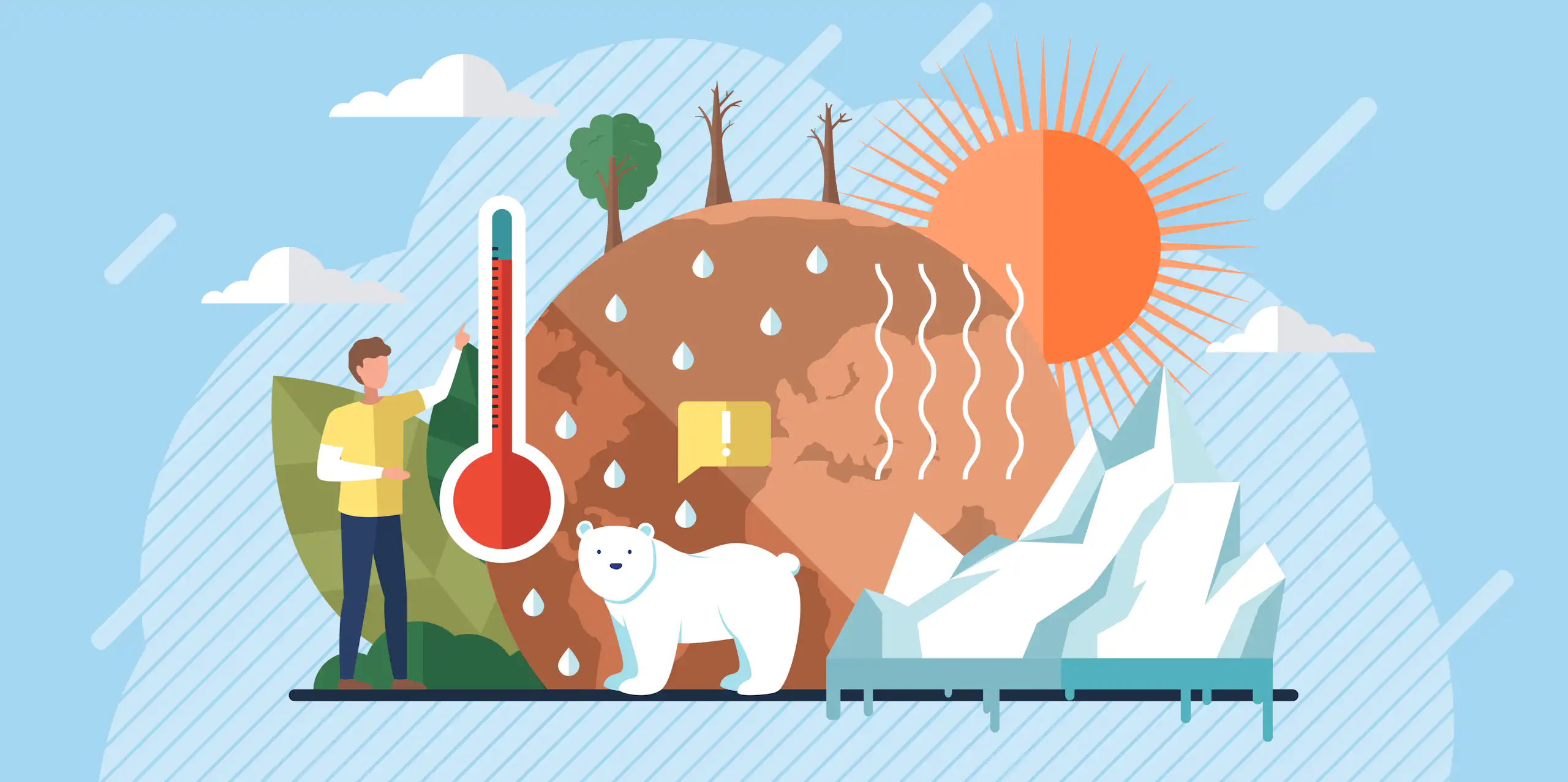 graphic with pollutred earth, greenhouse gas emissions, polar bear, orange sun, thermometer