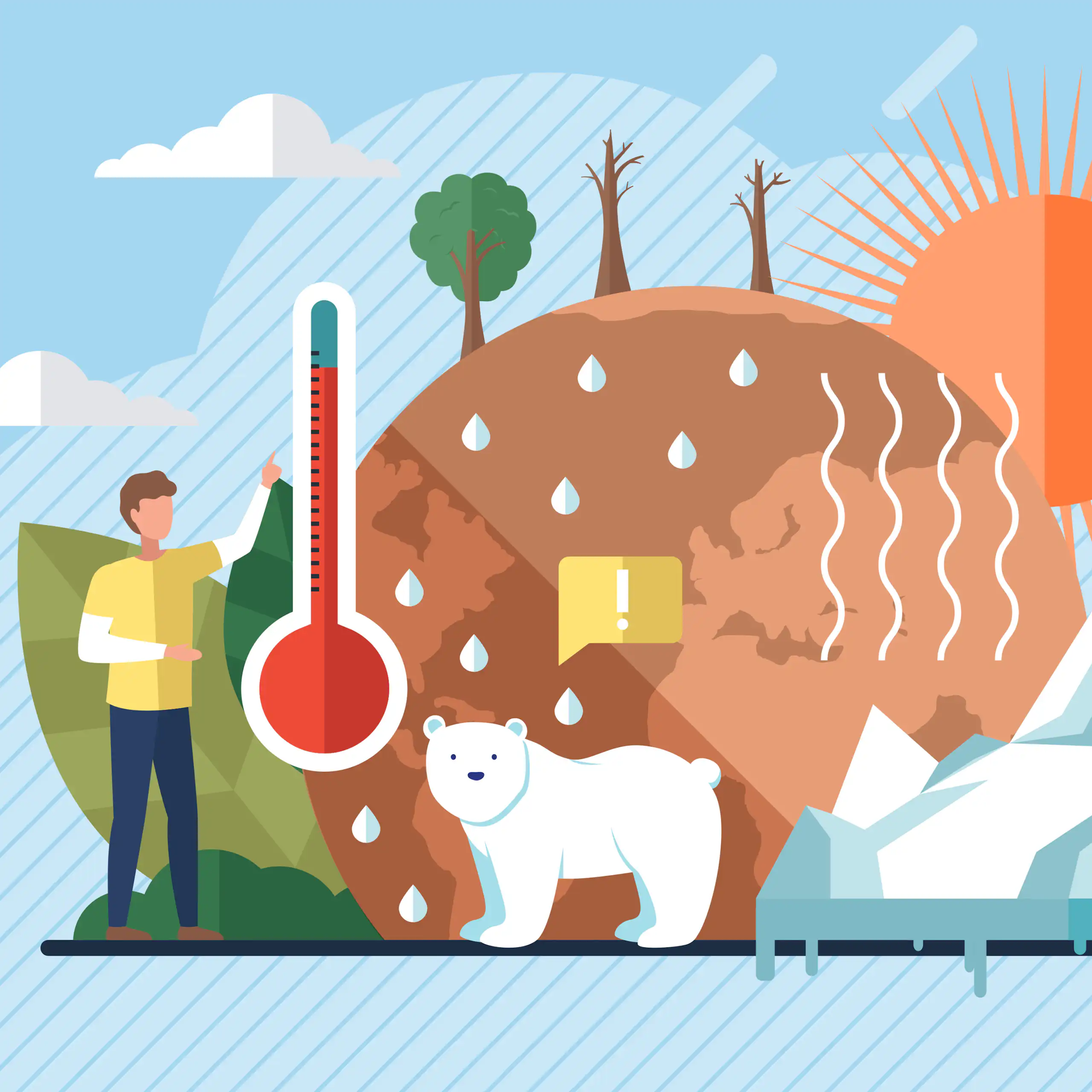 graphic with pollutred earth, greenhouse gas emissions, polar bear, orange sun, thermometer