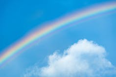 A rainbow stretches across a blue sky with some clouds.