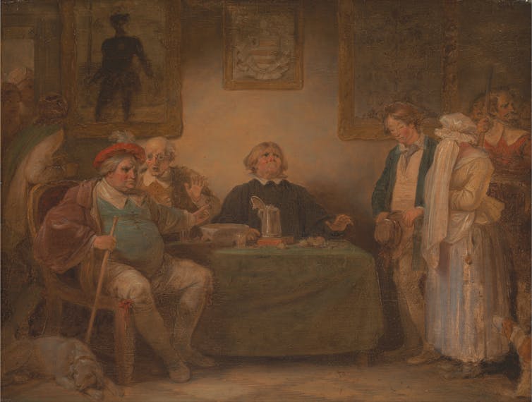 Painting of portly men seated at a table as younger people pay their respects.
