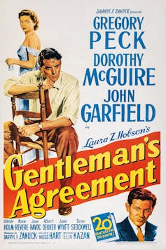 A movie poster with actors' names and the title 'Gentleman's Agreement'
