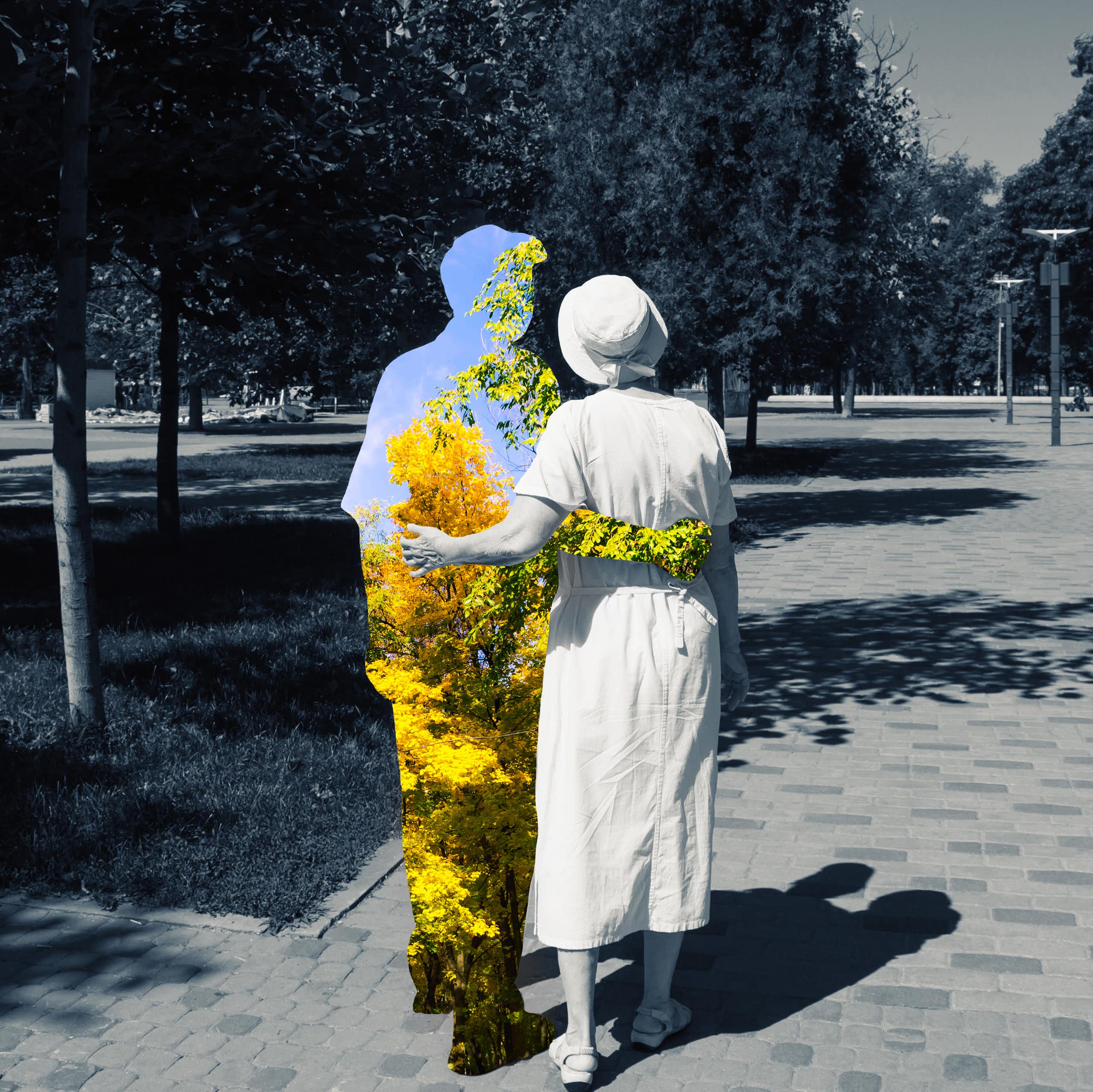 a couple from the back walking in a park, the woman and background in black and white, the man a silhouette enclsoing a color view of trees and sky