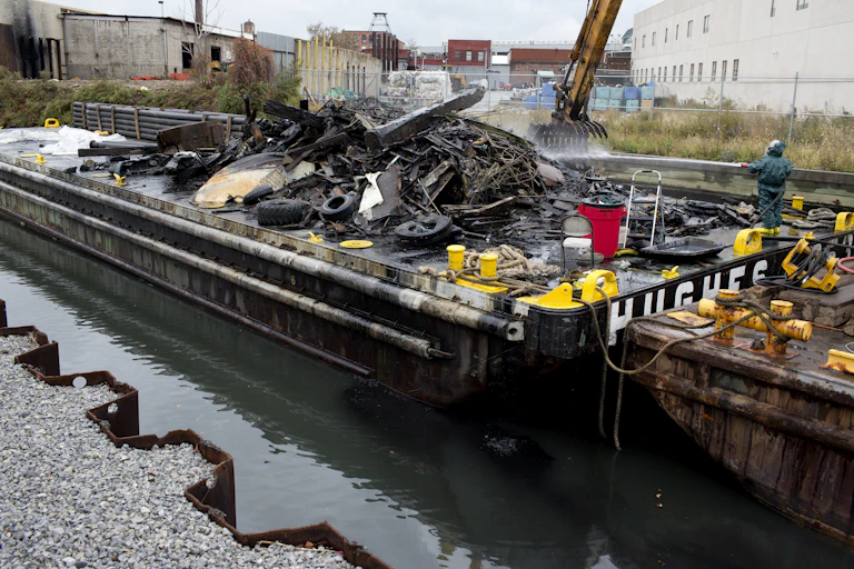 A worker sprays water on a pile of waste dredged from the adjoining canal