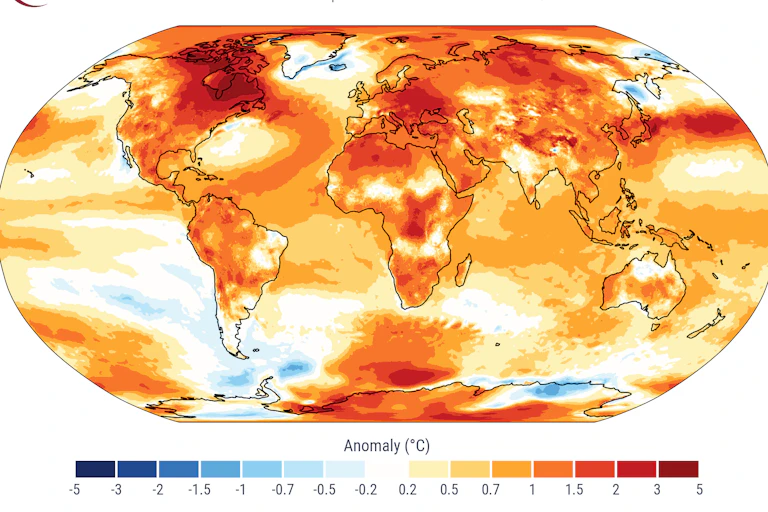 Mappemonde représentant l'anomalie moyenne de températures en 2024.
