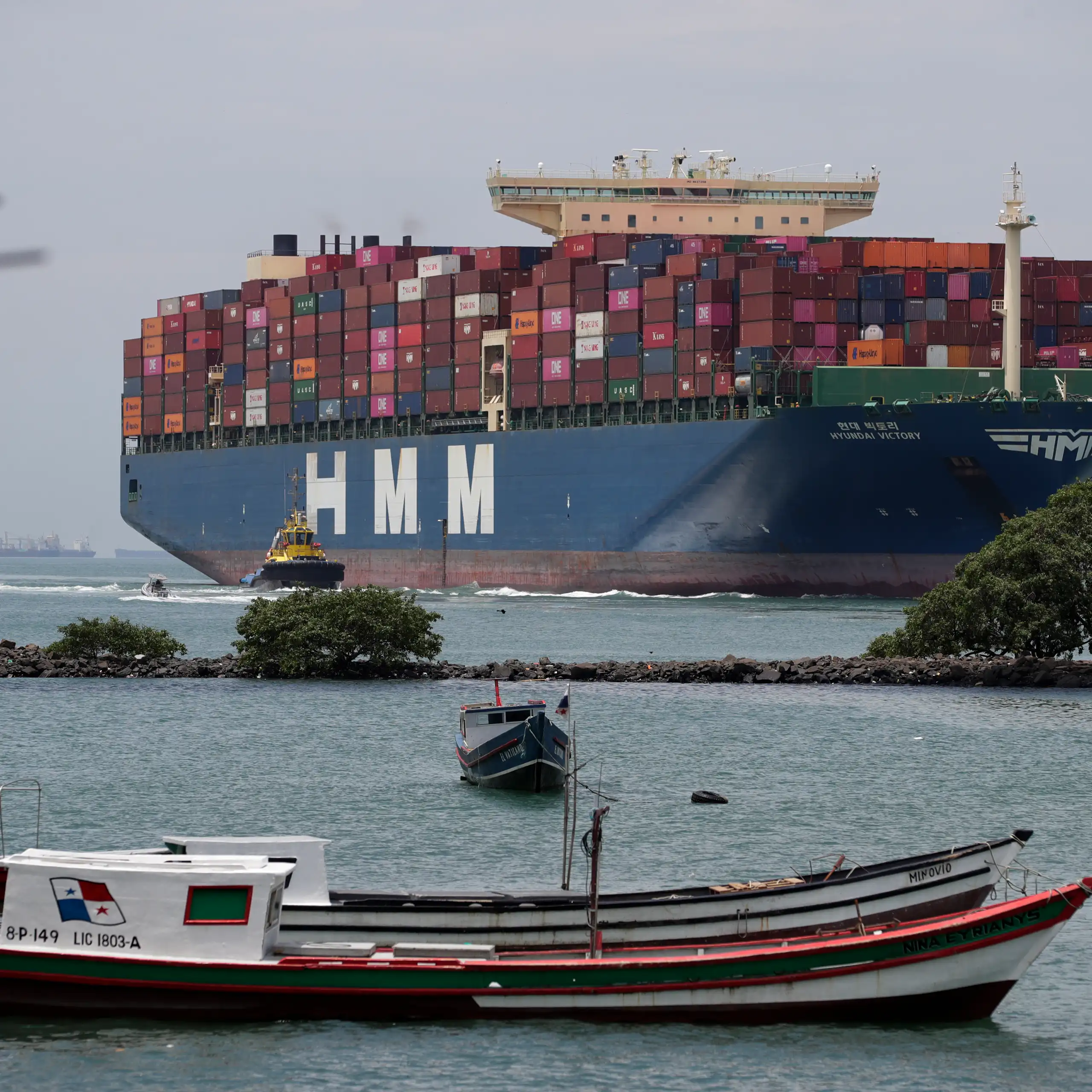 A container ship crossing the Panama Canal.