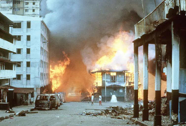 Flames engulf buildings in Panama City.