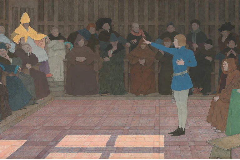 Painting of a person speaking with their arm extended before a gathering of onlookers.