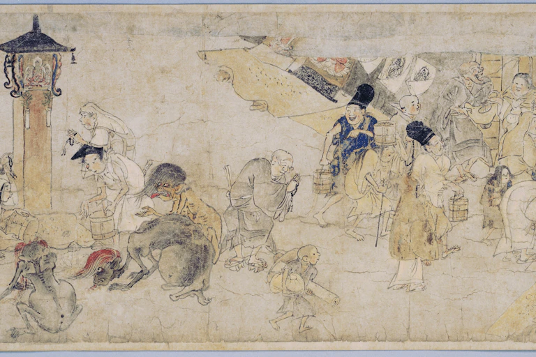 A painting, featuring an inscription in Japanese along one side, depicts people pouring water on a funerary marker as ghost-like figures surround them.