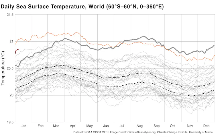 A chart shows ocean temperatures in 2023 and 2024 well above all other years since records began, and 2025 is also starting high.