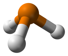 A ball and stick structure of a phosphine molecule, showing an orange circule connected to three white circles.