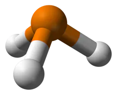 A ball and stick structure of a phosphine molecule, showing an orange circule connected to three white circles.