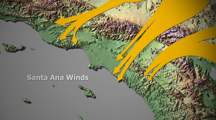 A map shows how the Santa Ana winds blow.